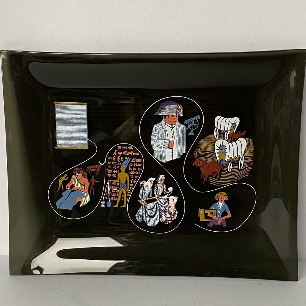 Coats And Clark STORY OF THREADS 1962 Smoky Gray Art Glass Plate Dish Tray 7”x9”